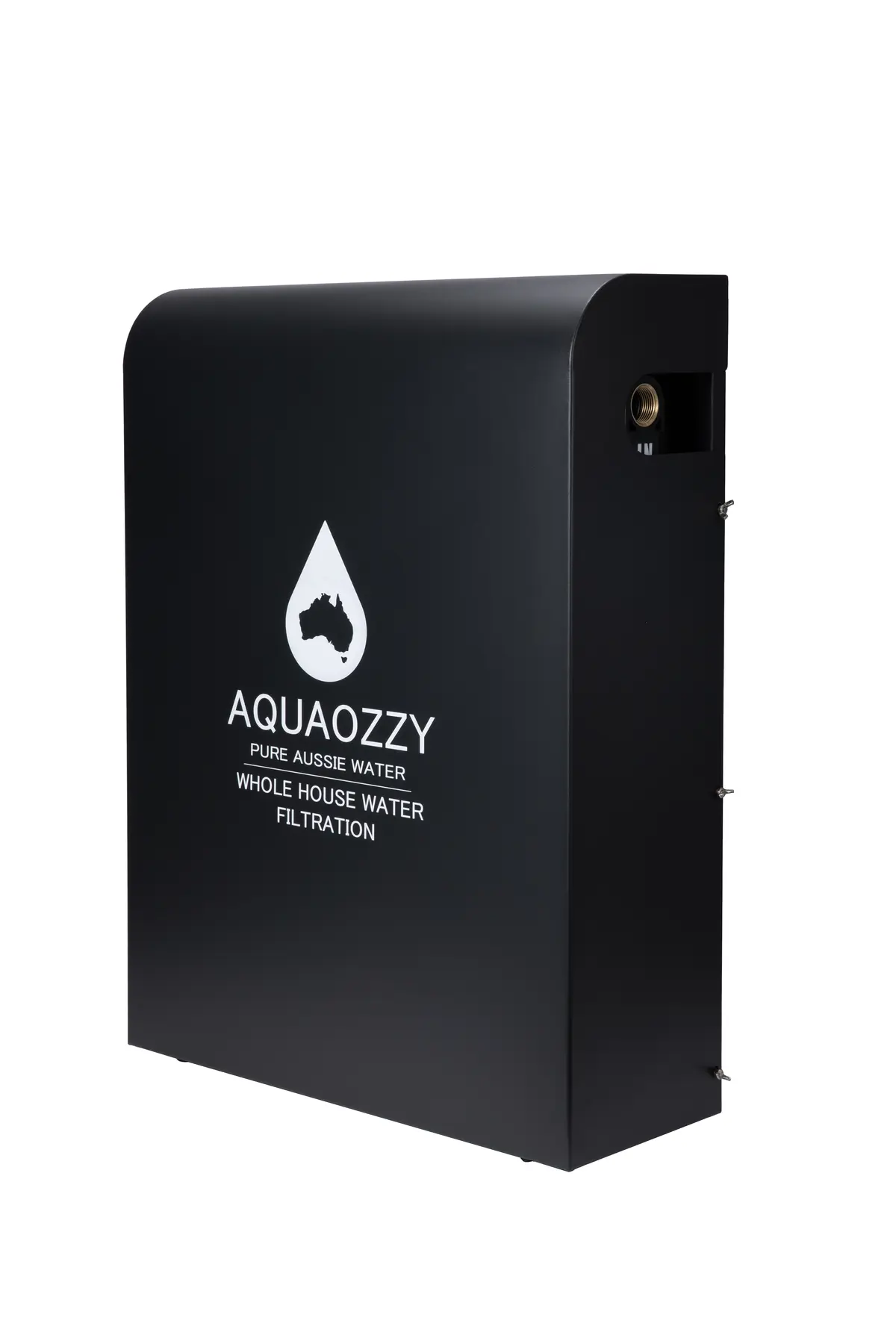 Closed AQUAOZZY whole-house filtration cabinet in Monument finish