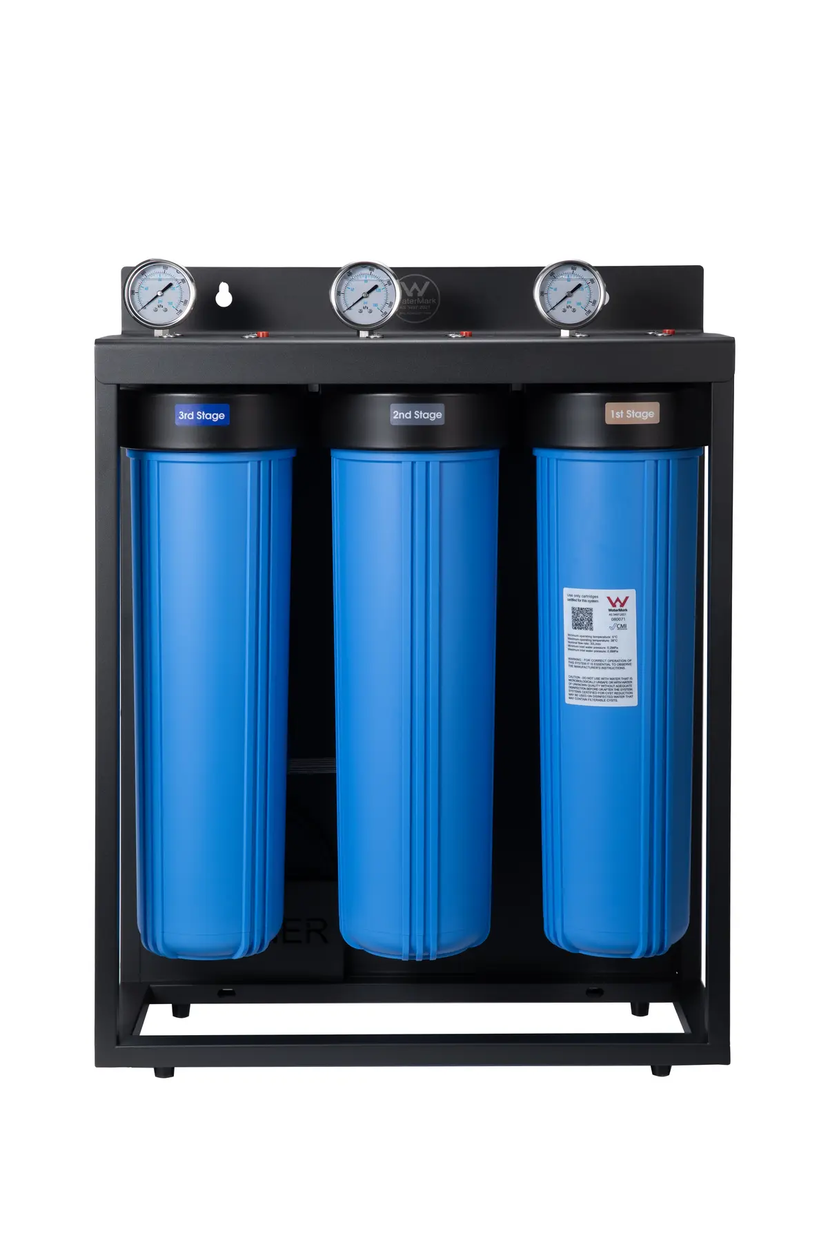 Open Monument AQUAOZZY cabinet showing all three blue filter housings