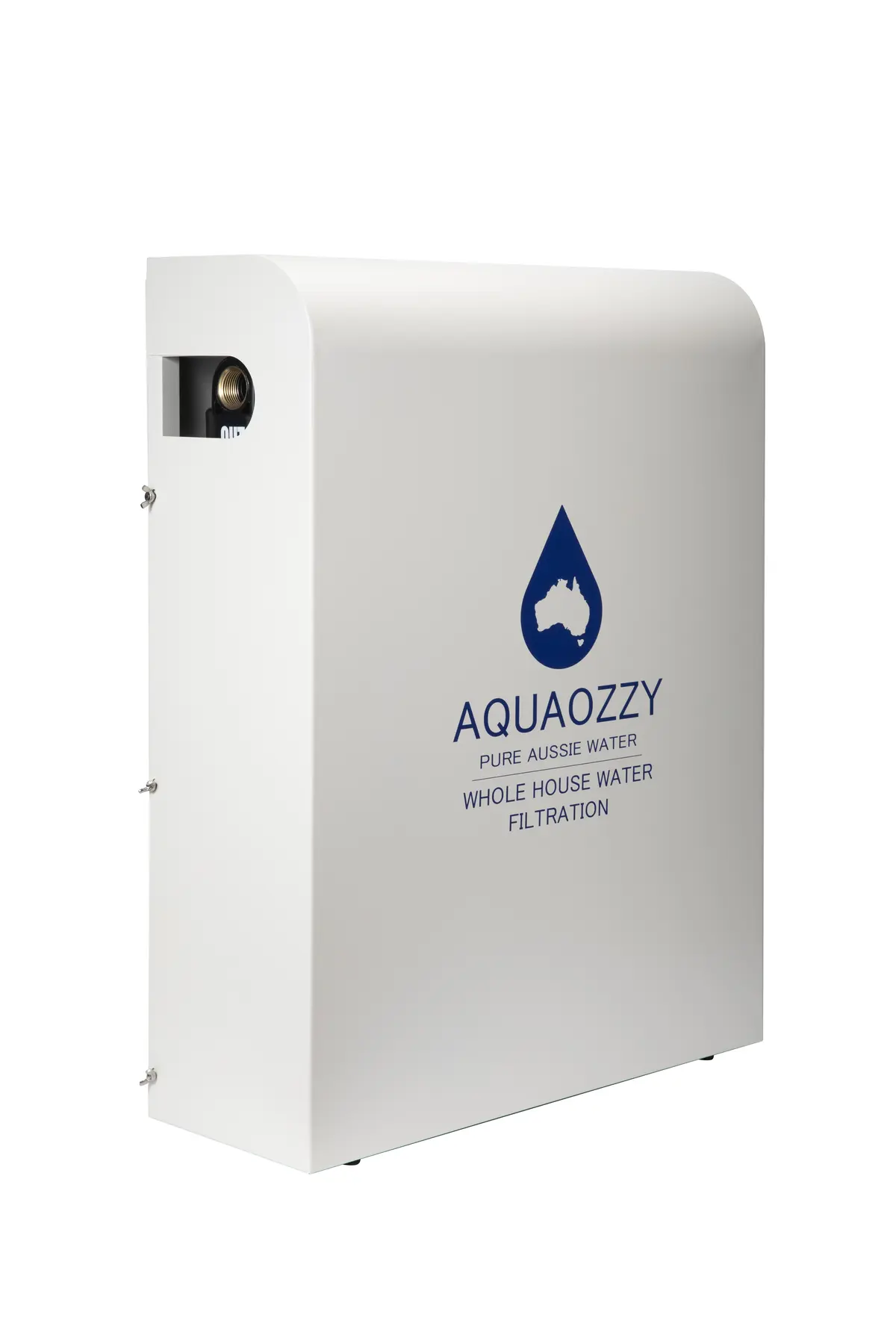 Closed AQUAOZZY whole-house filtration cabinet in Surfmist finish